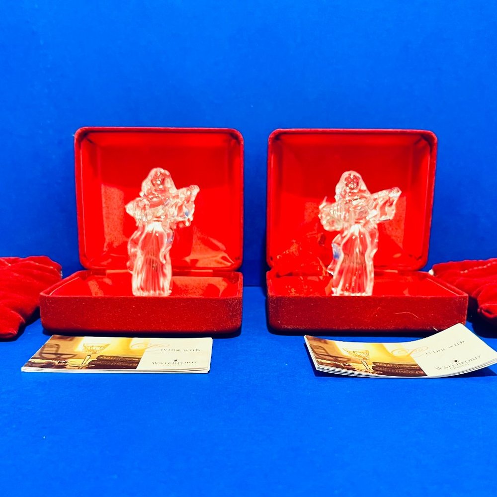 Two [2] 2003 Waterford Crystal Christmas Angel Ornament Playing Instrument, NEW